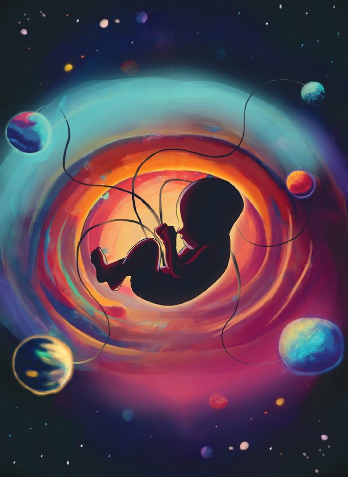 Ilustração do capítulo As Perguntas de Deuses e Demônios: casal envolto por um cosmos colorido
