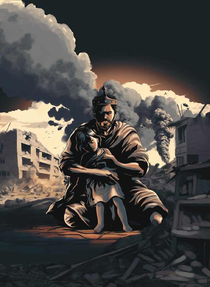 Guerreira em meio a ruínas devastadas