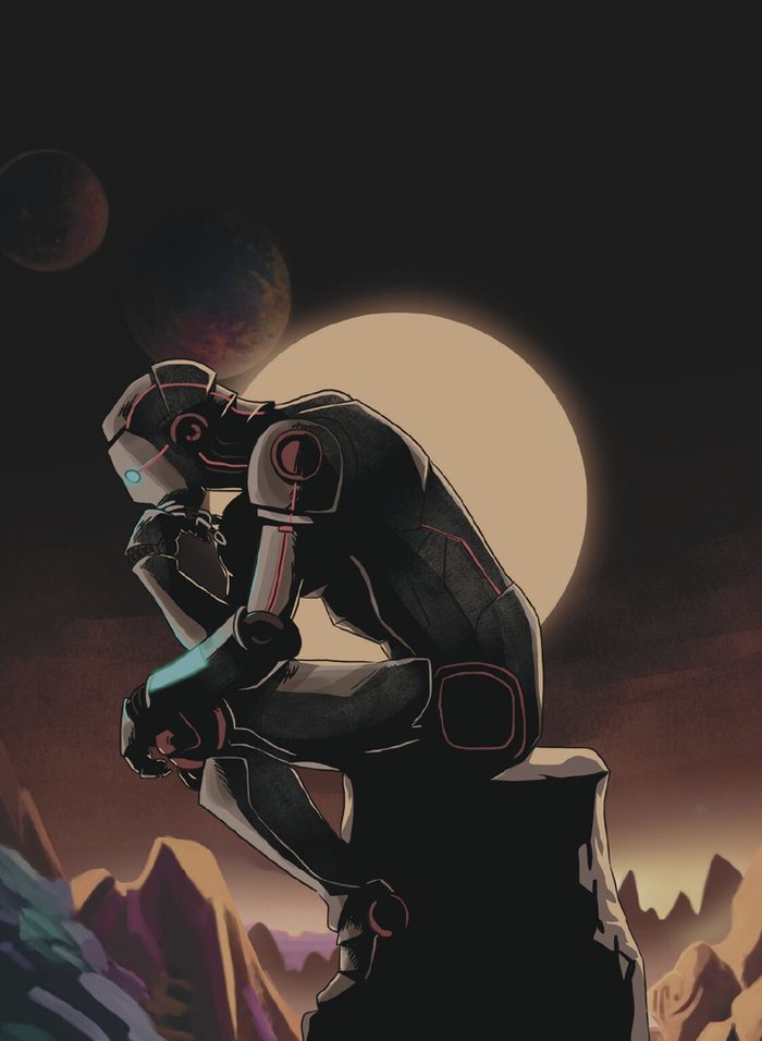 Figura solitária diante da lua e de uma cidade futurista