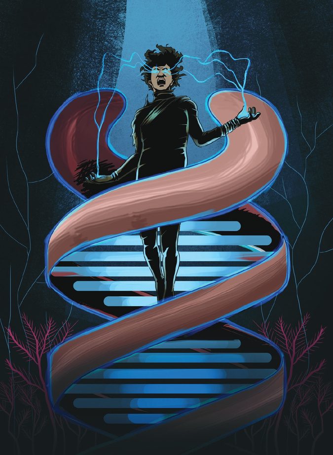 Ilustração com figura entrelaçada por uma dupla hélice de DNA
